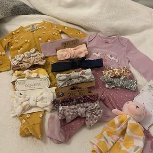 NEW Baby Bundle - (11) headbands and (2) onesies and (1) bear lovey